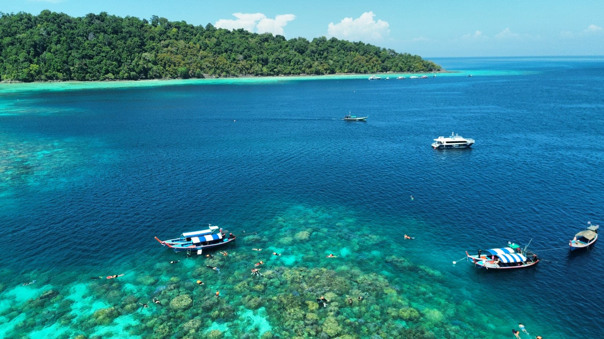 Aerial view of Koh Surin island reef and turquoise sea, Thailand, Pai Dai DMC